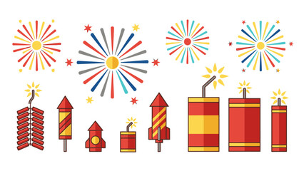 Colorful set of festive fireworks and traditional firecrackers for celebration events on an isolated white background. © Umi