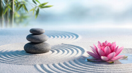 A zen garden with a serene ambiance, showcasing balanced stones and a vibrant lotus flower