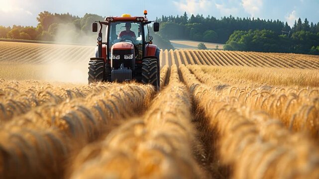 A tractor works in a wheat field under a blue sky. The driver steers through rows of golden crops on a warm summer afternoon. Dust rises as the machine moves efficiently across the land