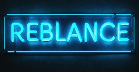 Obraz premium Bright neon sign displays word REBLANCE. Blue glow against dark background. Rectangular frame holds illuminated text. Simple, modern aesthetic.