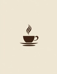 Fototapeta premium A minimalist illustration of a dark brown coffee cup and saucer with stylized steam rising above, set against a light beige background. The image is simple and elegant