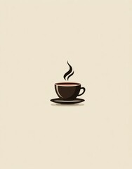 Obraz premium A minimalist illustration of a dark brown coffee cup and saucer on a light beige background, with stylized steam rising above