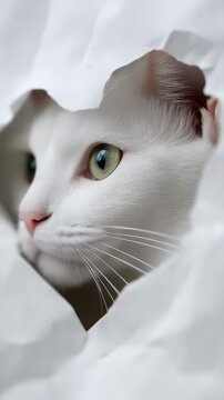 Curious white cat peering through torn paper: playful pet exploration in closeup view
