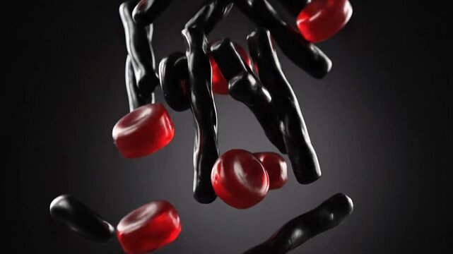 Glossy red sweets and black licorice sticks tumbling in dramatic dark mood