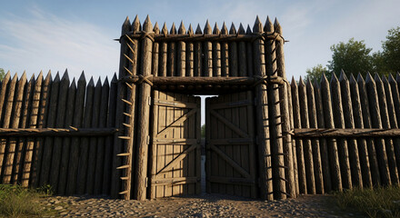 Fortress Entrance: A grand wooden fortress stands, its entrance a gateway to history, inviting viewers to explore the mysteries within.