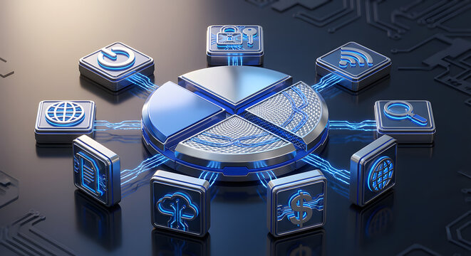 futuristic glowing blue pie chart connected to digital icons for global business network data analysis cloud storage security and financial technology in a circuit board style