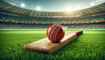 Cricket ball on top of old wooden cricket bat on green grass of cricket stadium ground background