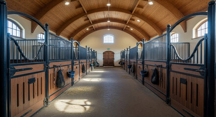Elegant Stable Interior: An elegant, well-lit stable interior, the arched ceiling creates a sense of spaciousness, perfect for housing horses.