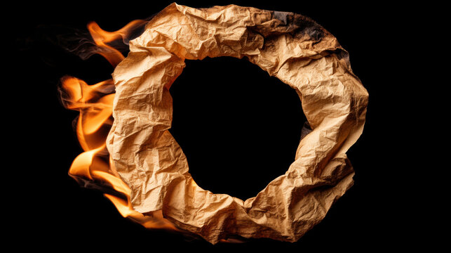 Circular Burn Frame, A piece of paper with a large circle burnt out of the middle, the inner edge is charred and smoldering, isolated on a seamless black background.