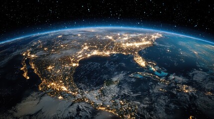 Naklejka premium Satellite Night View of Europe with City Lights and Illuminated Landscapes