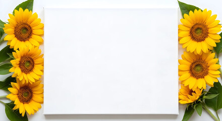向日葵の花を配置した夏らしいフレーム素材 白背景 16:9