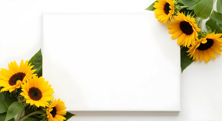 向日葵の花を配置した夏らしいフレーム素材 白背景 16:9