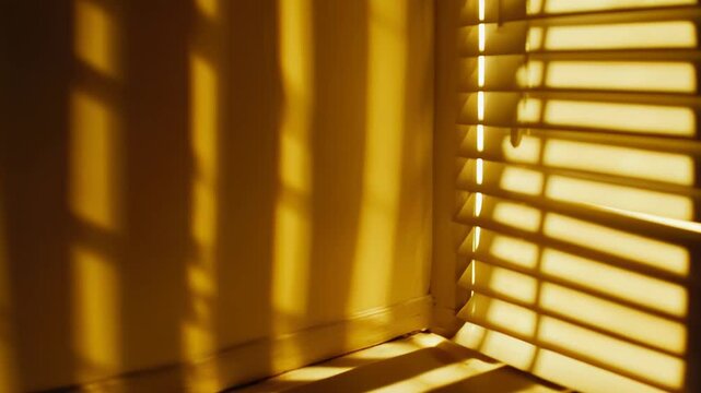 Warm sunlight streams through window blinds, creating striking geometric shadow patterns along a room's wall and floor, evoking a peaceful and calm domestic atmosphere