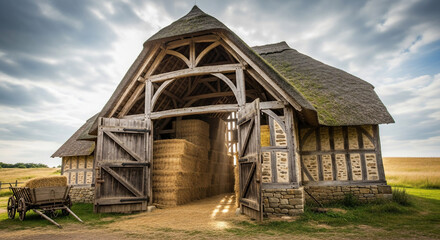 Rustic Charm: a historic barn featuring weathered wooden beams, that looks majestic and inviting, with a thatched roof, stands majestically under a bright sky.