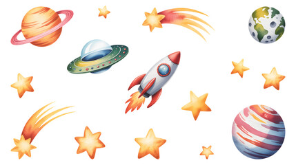 Playful outer space elements. Space adventure birthday invitation set © Songrami