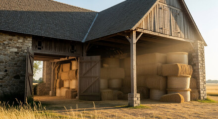 Rural Charm: A Rustic Barn: Sunlight illuminates the interior of a weathered barn, revealing neatly stacked hay bales. A testament to rural architecture and the harvest season.
