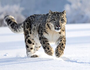 Obraz premium A sleek feline with a spotted coat sprints through a snowy expanse, its gaze fixed forward. The scene suggests agility and the wild