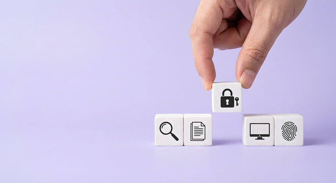 hand placing wooden block with padlock icon into gap between search document computer and fingerprint blocks for cyber security data protection and privacy technology concept