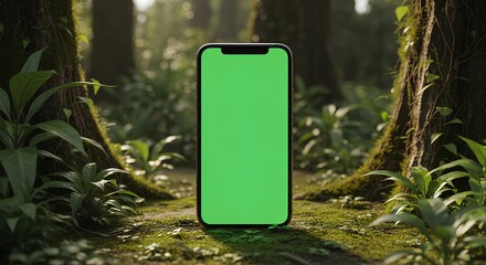 "Smartphone with Green Screen in Forest &ndash; Nature-Tech Mockup for Augmented Reality and Eco Digital Content"