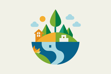 Obraz premium Miniature world with house sun and river island floating