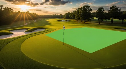 "Golf Course at Sunset with Highlighted Green &ndash; Sports Analysis Mockup for Landscape and Putting Zone Design"