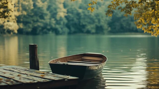 Small rowboat moored to a rustic wooden dock, gently floating on calm lake water with blurred green and yellow autumn trees in the serene natural background, reflecting peaceful solitude