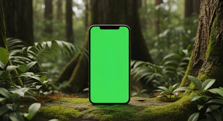 "Smartphone with Green Screen on Moss &ndash; Forest-Tech Mockup in Serene Woodland Environment"