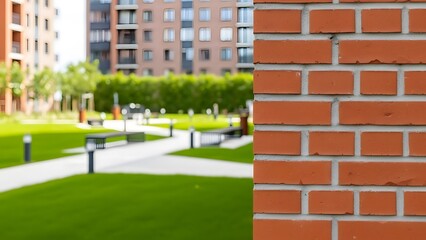 A blurred view of a modern urban park with buildings greenery and a brick wall