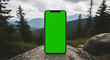 "Smartphone with Green Screen on Rock &ndash; Wilderness Tech Mockup in Misty Forested Mountain Landscape"