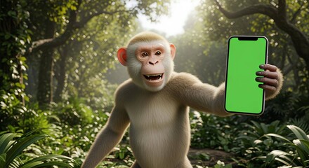 "Monkey Holding Smartphone with Green Screen &ndash; Jungle-Tech Mockup for Wildlife and Digital Media Themes"