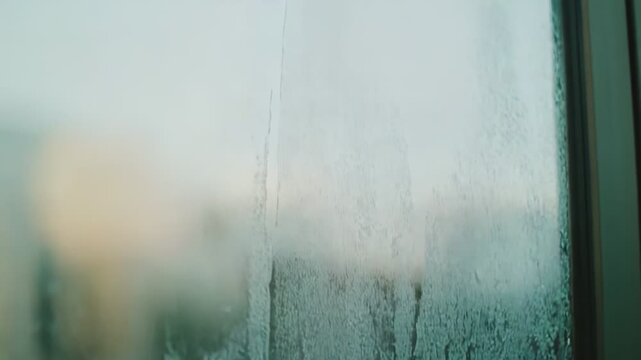 Steamy glass with heavy condensation and cascading water drops, blurred abstract texture evoking shower or window moisture, cool, fresh, tranquil surface detail