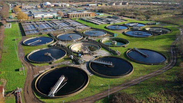 Massive Sewage Works and Filtration Plant in Hoddesdon, Cinematic Aerial of Water Purification and Environmental Infrastructure in Great Britain