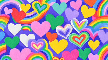 Fototapeta premium A vibrant and colorful pattern featuring joyful hearts intertwined with rainbows, creating an abstract background full of glitter and love.