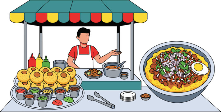 Popular street food fuchka and chotpoti stall with vendor vector