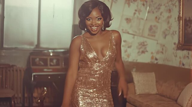 A joyful woman, dressed in a gold dress, enjoys a dance. Her performance evokes the style of the jazz age, complete with stylish moves and fun energy