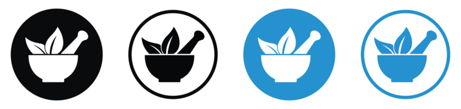 Herbal medicine icon set featuring mortar, pestle, and leaves. Symbols for pharmacy, holistic healing, Ayurveda, and natural wellness in black and blue circular styles.
