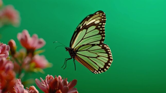 Close-up of a beautiful monarch butterfly featuring rare green and black patterned wings, gracefully flitting among delicate pink garden flowers on a vibrant green backdrop