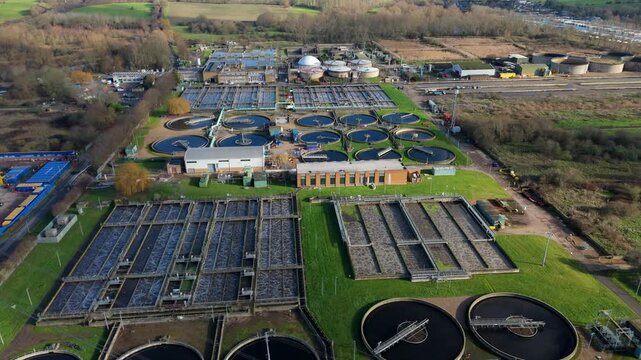 Massive Sewage Treatment Facility in Hoddesdon United Kingdom, Cinematic Drone Shot of Effluent Filtration and Water Purification Infrastructure 4K