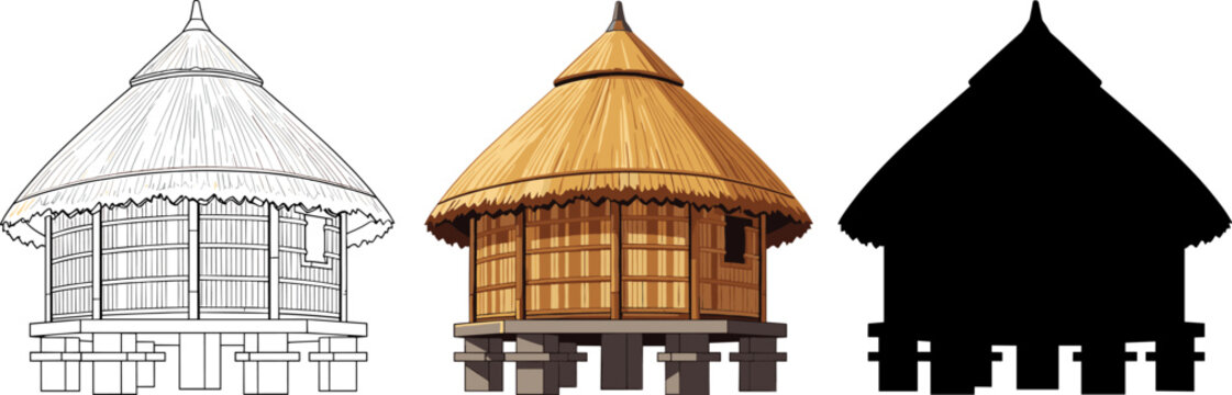 Traditional round bamboo hut with thatched roof on stilts vector
