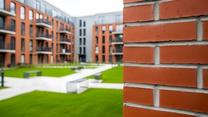 Modern apartment buildings with orange accents surround a green courtyard with pathways