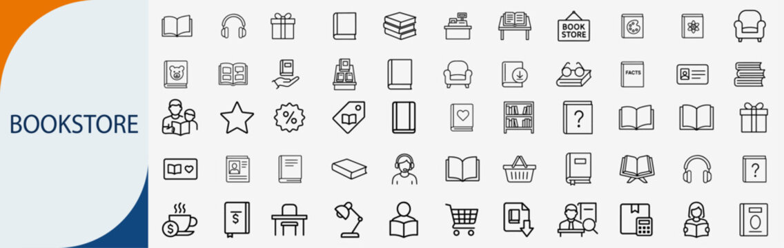 Bookstore and library icons set, thin line book shop and literature education vector illustration