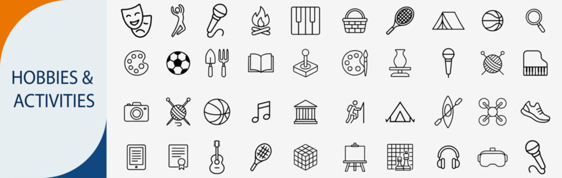 Hobbies and activities icons set, thin line outdoor recreation and creative leisure interests vector illustration