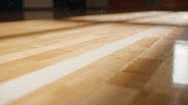 Close-up of polished wooden gymnasium floor with court lines, sunlight.