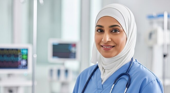 A healthcare professional in a hospital setting, wearing a white hijab and blue scrubs, with a stethoscope around her neck.