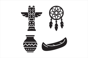 Native american cultural icons totem pole dreamcatcher pot and canoe