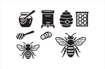 Black and white icons depicting bees honeycombs and honey jars