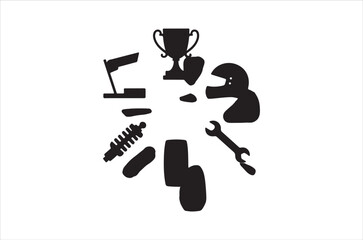 A black silhouette of racing elements including a trophy and helmet