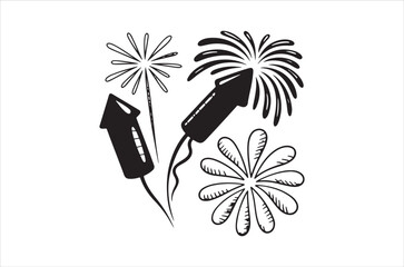 Black and white illustration of fireworks with rocket shapes and starbursts