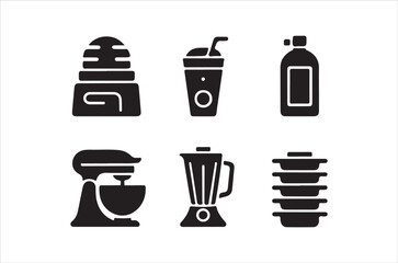 Black glyph icons depicting various kitchen appliances and food items