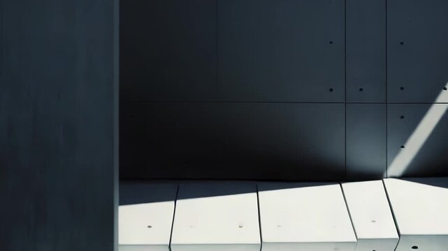 Harsh sunlight casting angular shadows on a bare concrete wall with regular patterns and a minimalist floor, creating a stark, modern, and industrial aesthetic